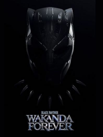 Dark Poster for Black Panther Wakanda Forever with title text in front of a mask