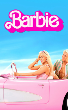 Barbie movie poster: Barbie Doll driving a pink convertible car with Ken in the backseat, looking admirably at Barbie. Pink font scrolls Barbie above them.
