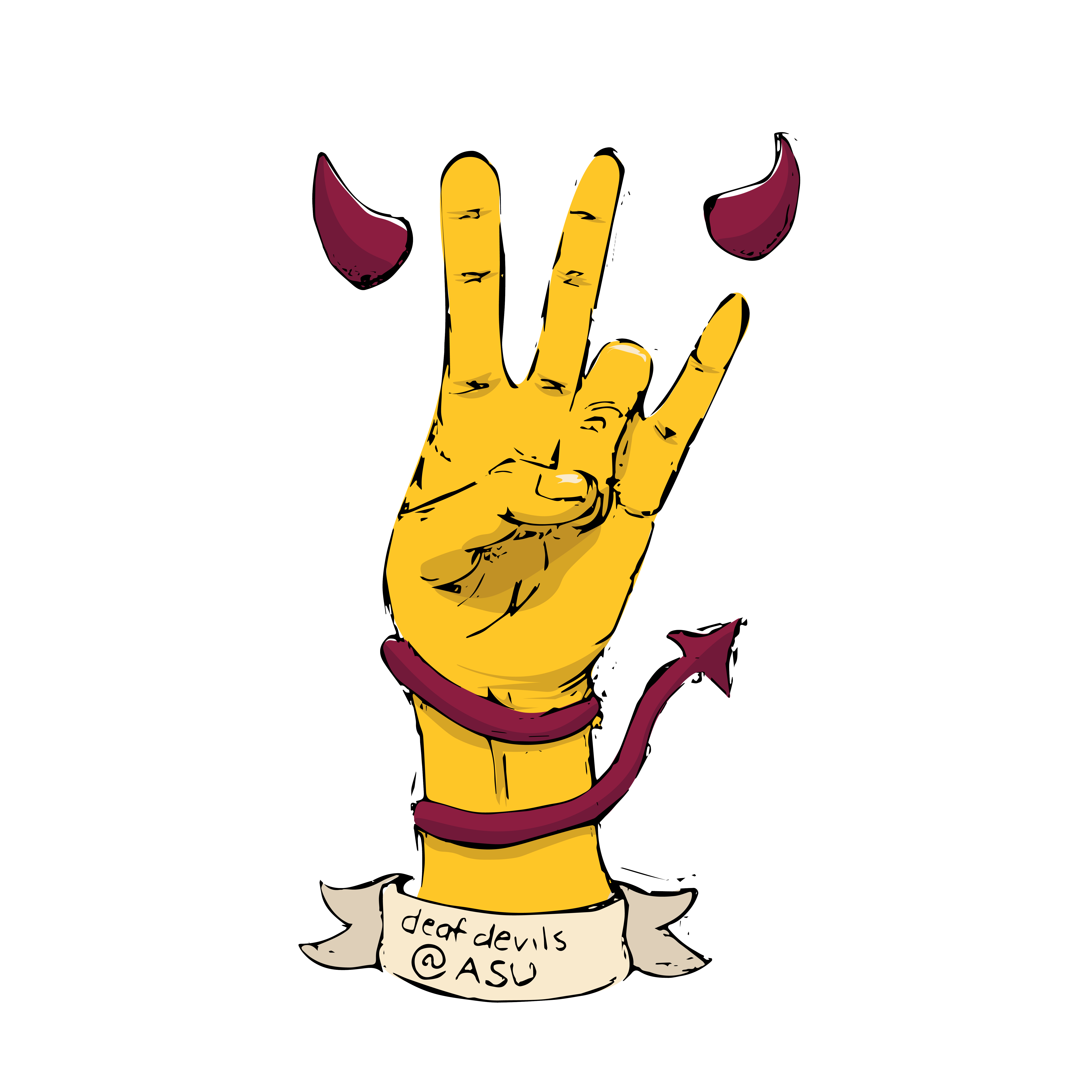 Gold hand in a pitchfork with small banner scrip "Deaf Devils @ ASU"