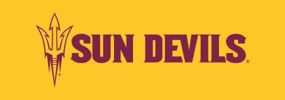 Logo of Sun Devils text with pitchfork over gold background