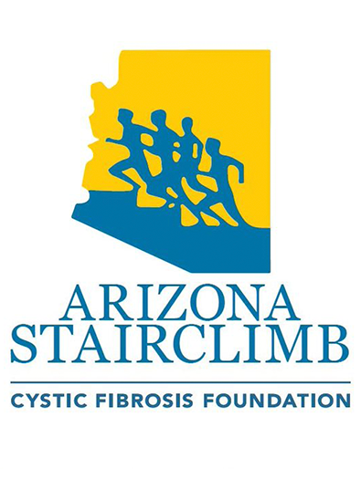 Gold and Blue logo showing people climbing up stairs in front of the state shape, and text that reads Arizona StaircClimb Cystic Fibrosis Foundation