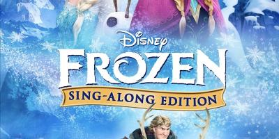 Anna, Olaf and Elsa fade into the background with "FROZEN" in text above Kristoff racing by riding Sven