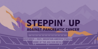 Steppin' Up Against Pancreatic Cancer logo and purple mountains